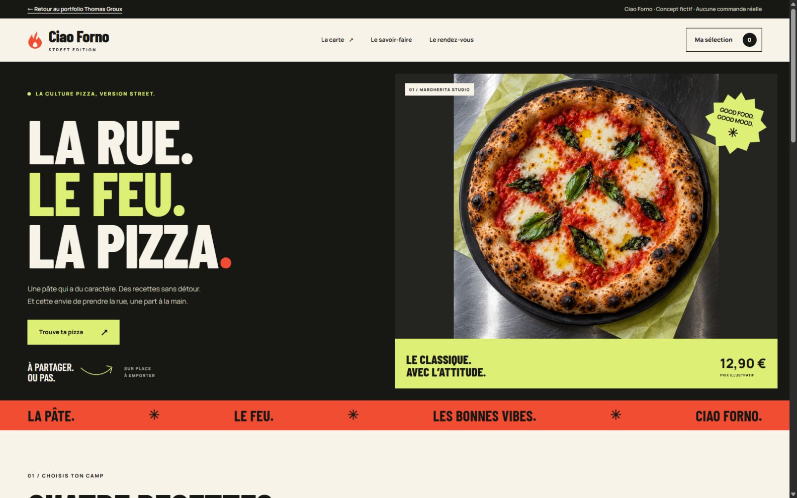 Ciao Forno Street pop : grands titres, fond charbon, accents citron et photographie de pizza