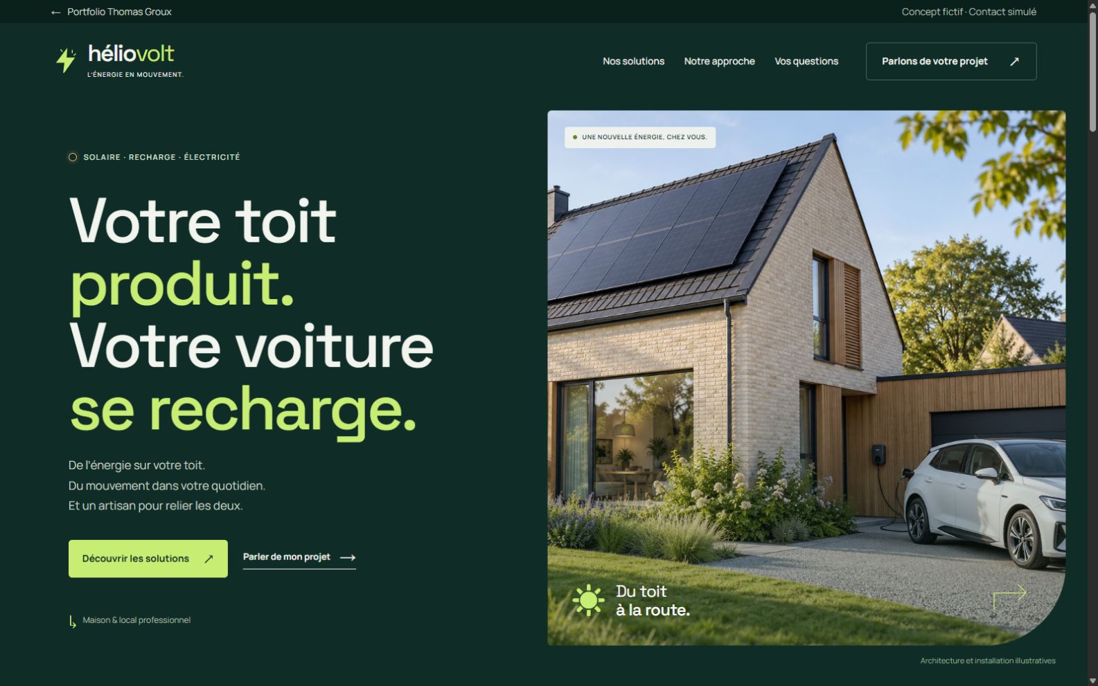 Hélio Volt : électricien solaire et recharge, identité vert forêt et photos d’une maison équipée