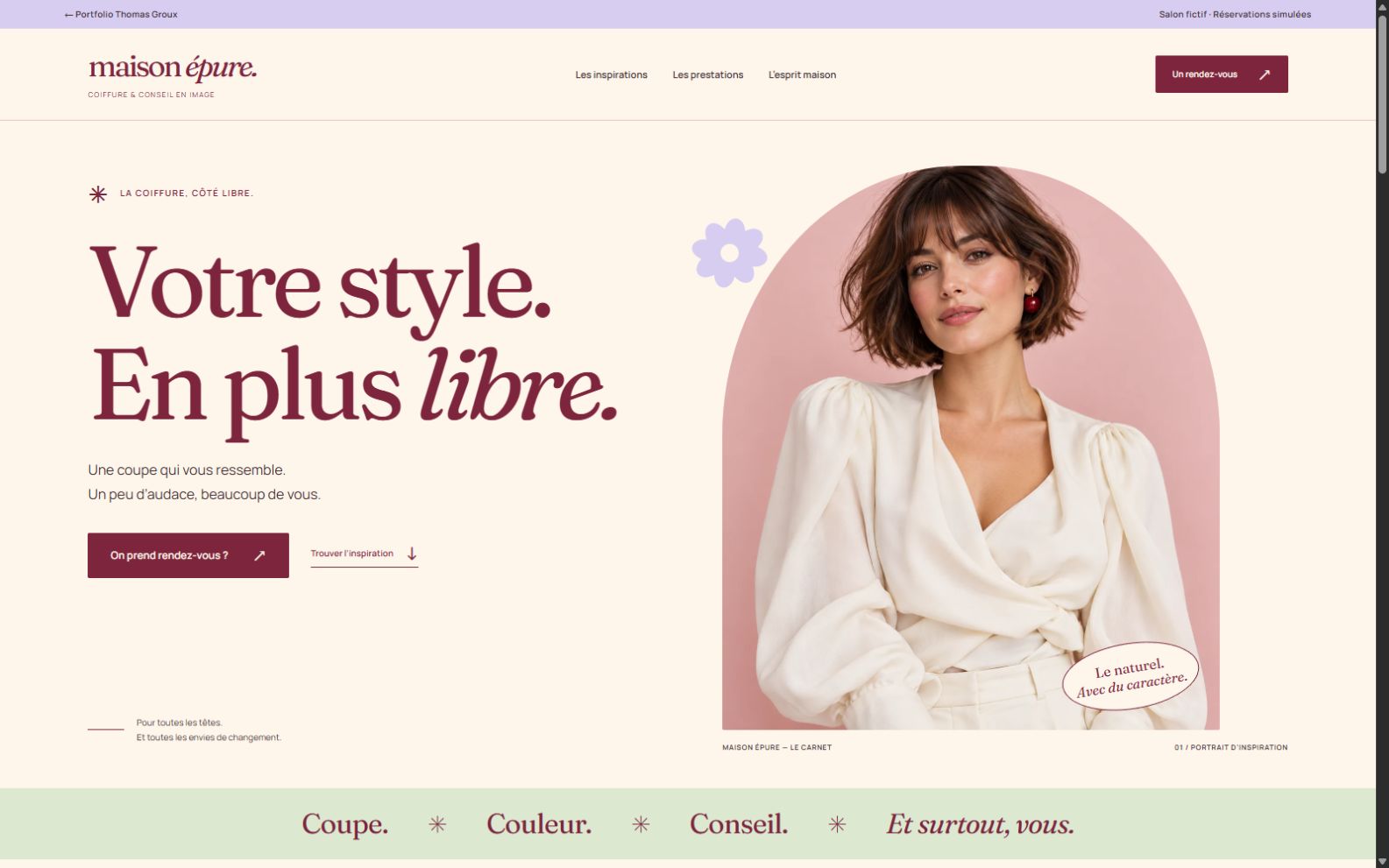 Maison Épure Pop pastel : portraits de coiffure, tons rose, lilas et crème et typographie cerise