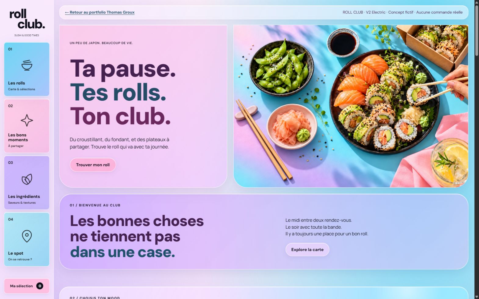 ROLL CLUB Electric : accueil pastel, bandeau translucide et photo de sushi, sans explorateur de typographies
