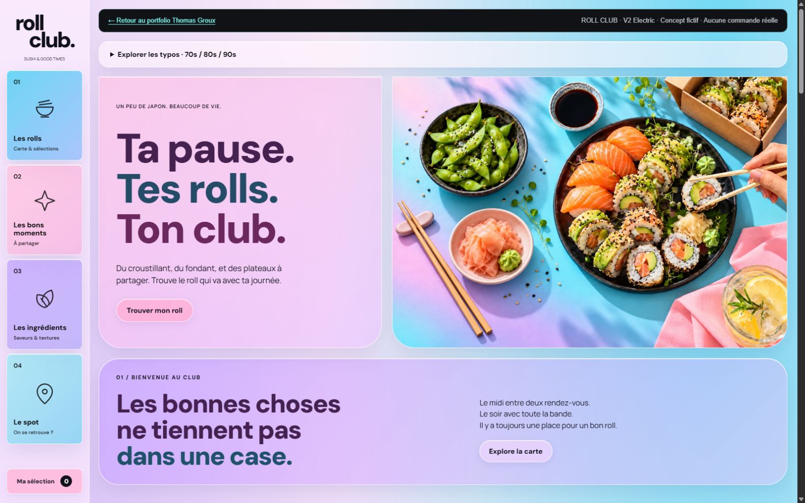 ROLL CLUB Electric : photo enrichie de sushi, edamame et gingembre, titres prune et bleu pétrole et navigation illustrée