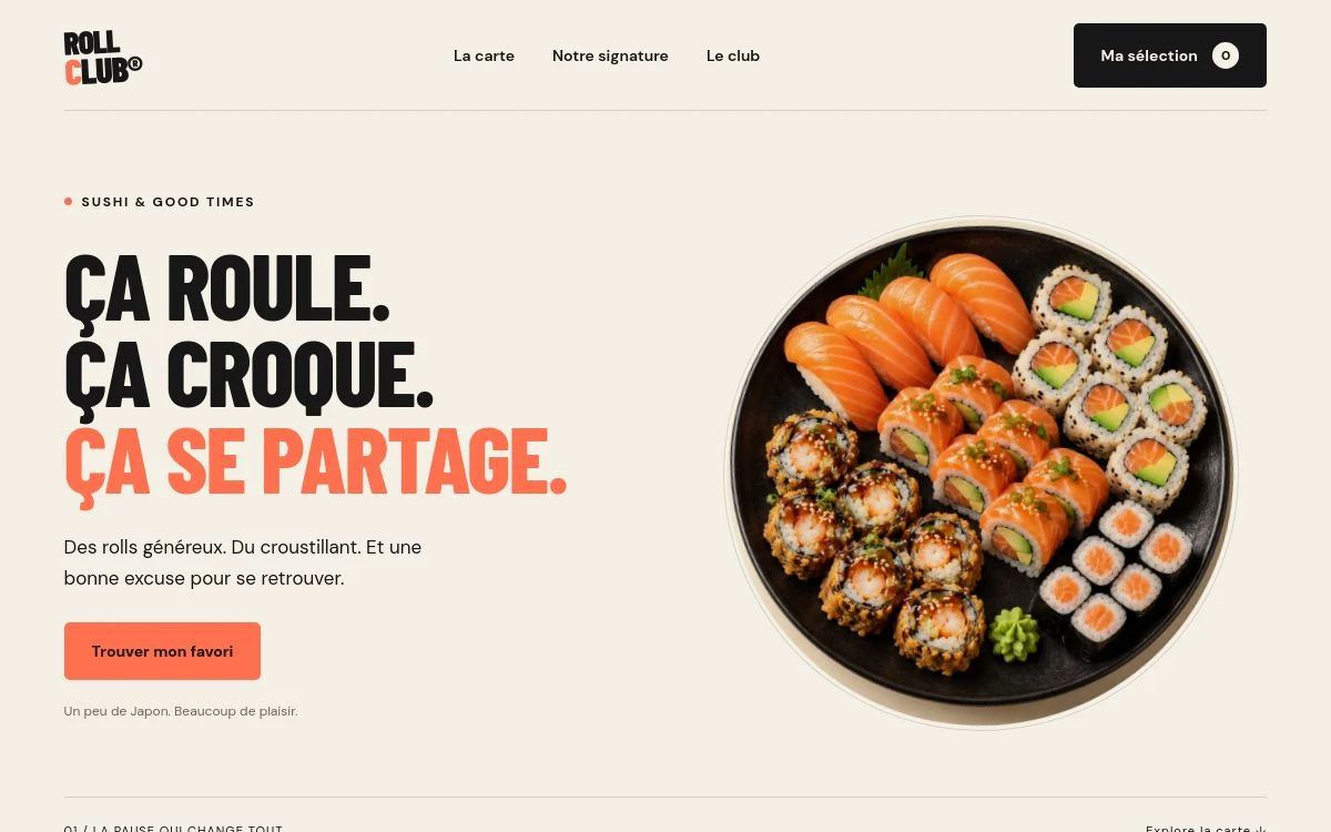Accueil de ROLL CLUB : typographie expressive, fond crème, accent corail et plateau de sushi