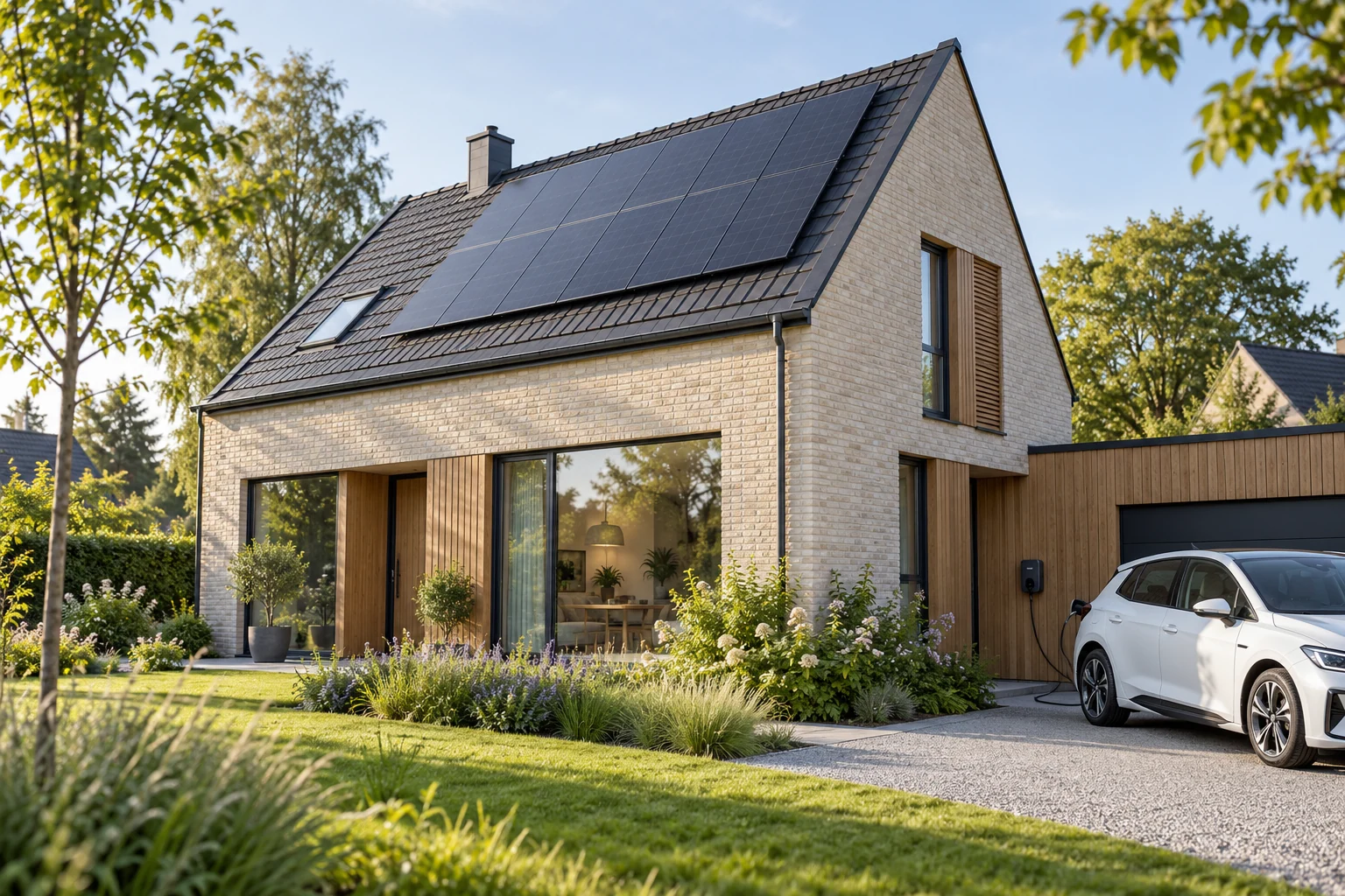 Maison contemporaine illustrative, entourée de végétation