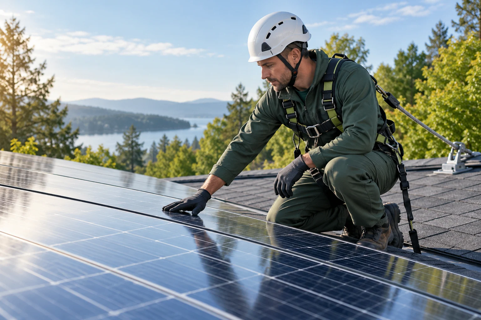 Artisan observant une toiture équipée de panneaux photovoltaïques, scène illustrative