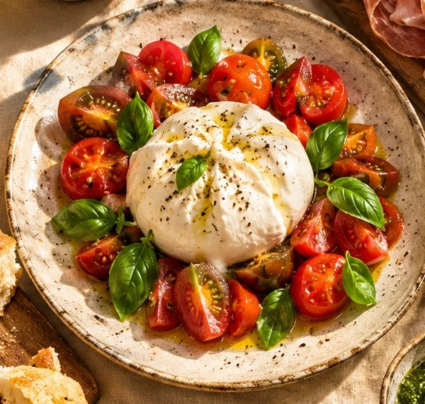 Burrata, tomates et basilic