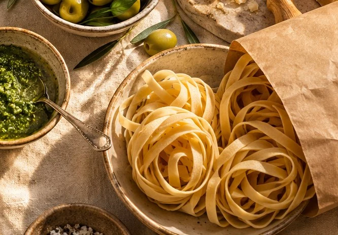 Pâtes artisanales, pesto et huile d’olive
