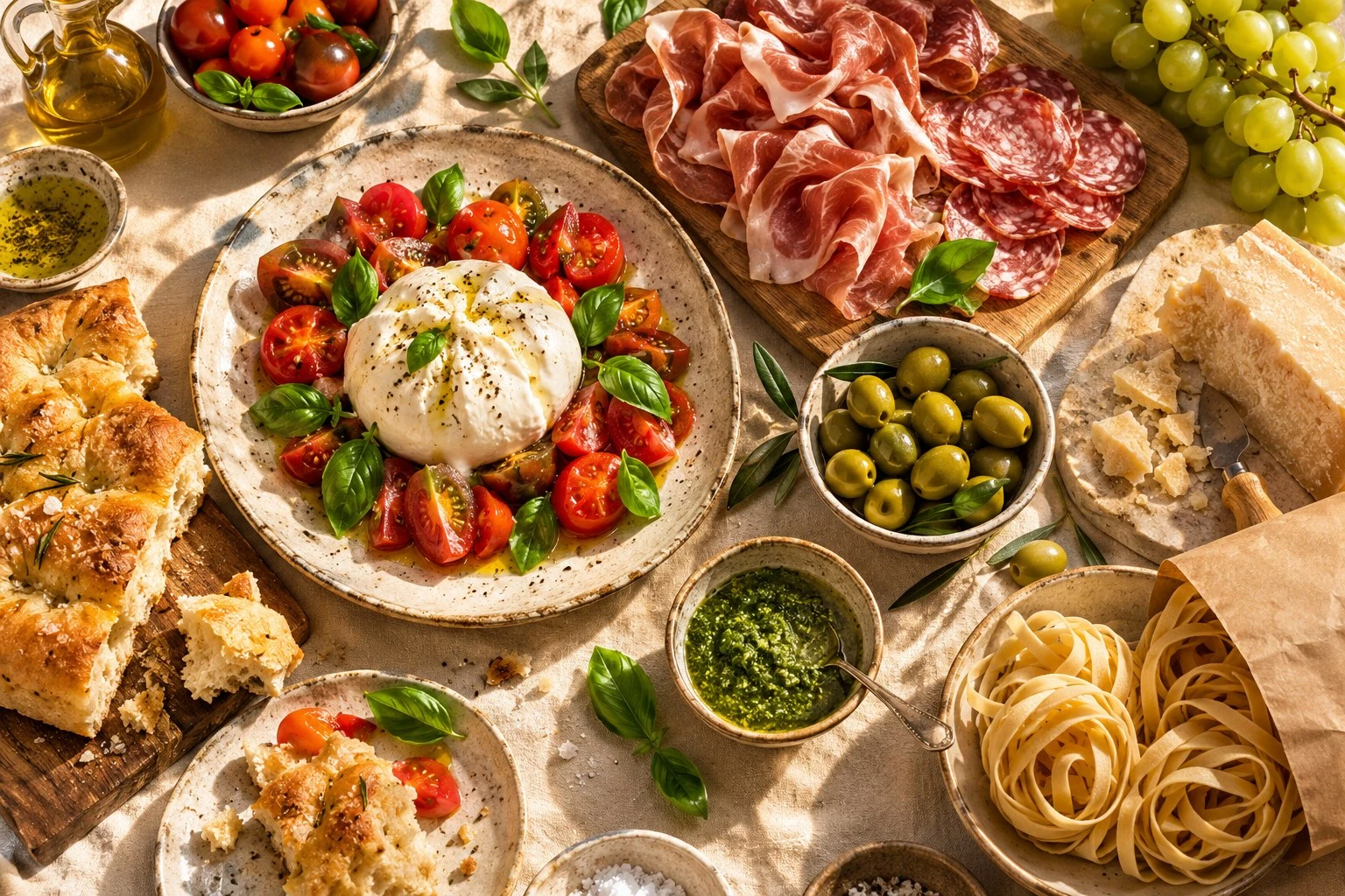 Une table italienne garnie de fromages, charcuteries, focaccia et antipasti