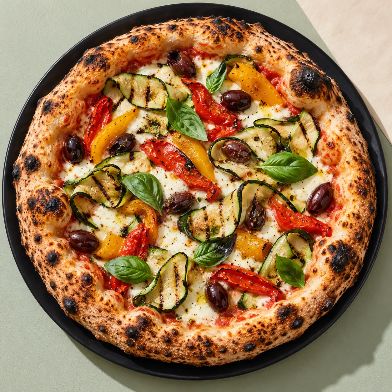 Garden Party, pizza aux courgettes, poivrons rôtis, olives et basilic — visuel généré