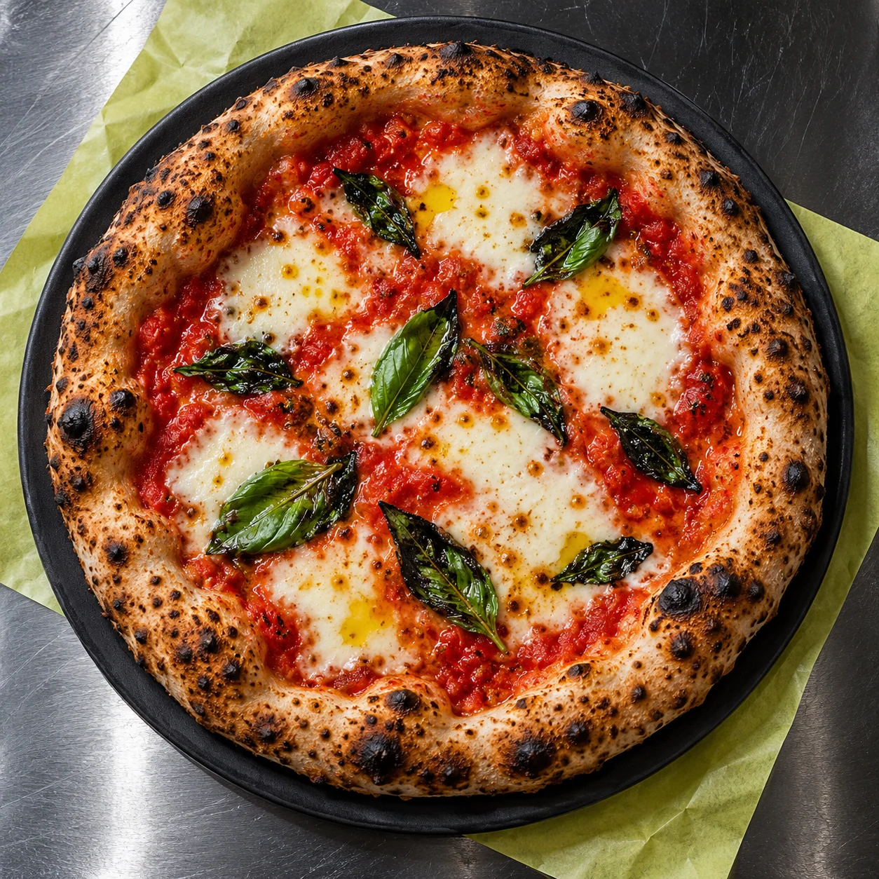 Pizza Margherita au basilic, servie sur une table en acier — visuel de démonstration