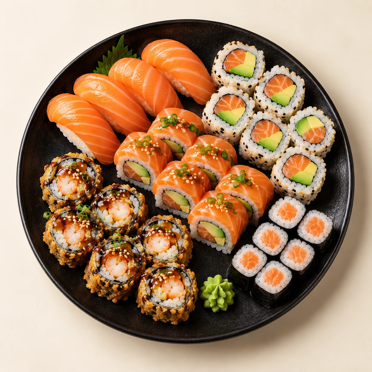 Plateau de sushi avec saumon, riz et rolls croustillants